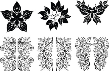 Black & White Floral Vector Art: Intricate Flower, Leaf & Butterfly Designs for Graphic Design, Tattoo Stencils & Botanical Illustrations