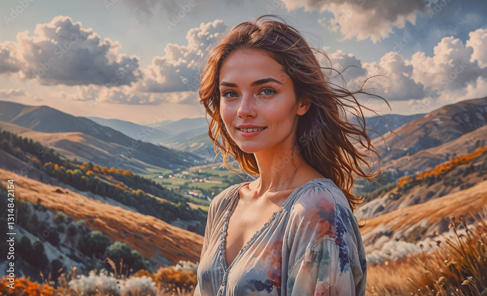 Aufkleber woman with long hair is standing in a field with mountains in the background. she is smiling and loo