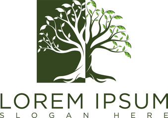 Obraz premium Minimalist dark green tree logo symbolizing growth, sustainability and nature. Modern vector design with clean lines, suitable for eco-friendly businesses, agriculture, conservation organizations.