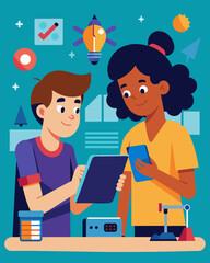 Two students collaborating on a STEM project using tablets and design software in the technology lab.. Vector illustration