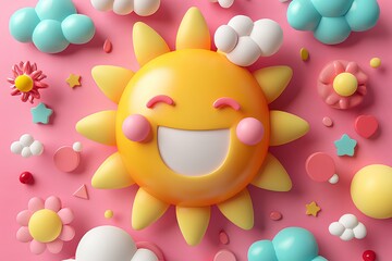 Cute cartoon style clay with a glossy plastic texture on a blue background with a yellow sun and white clouds 