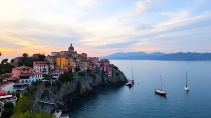 Obraz premium A picturesque Italian village nestled on a cliffside overlooking a calm sea with sailboats at sunset.