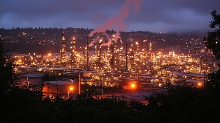 Naklejka premium bustling oil refinery at night, with bright lights illuminating the complex network of pipes and towers. 