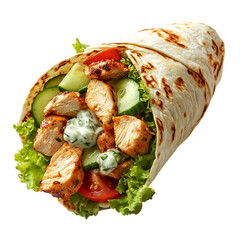 A Fresh Chicken Gyro Wrap with Tzatziki Sauce and Cucumbers Isolated on Transparent Background