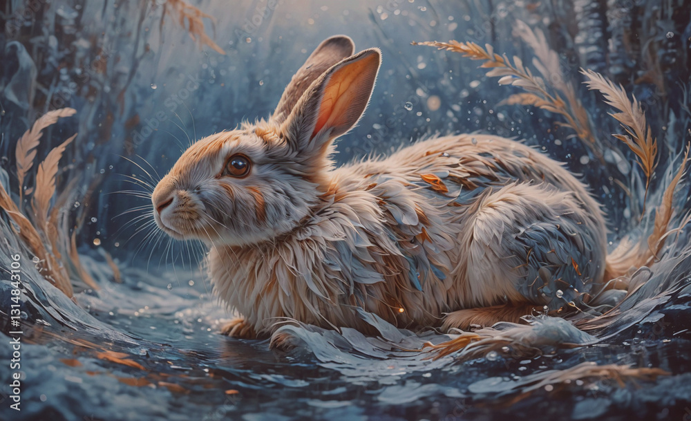 Poster rabbit is sitting in the snow with its head up. the rabbit is white and brown
