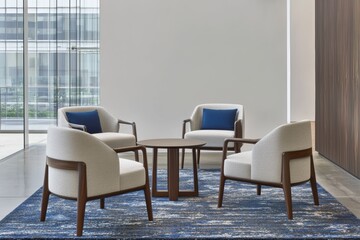 Elegant Lounge Seating Arrangement Modern Office Space Interior Design Minimalist Environment Eye-Level View Relaxation Concept