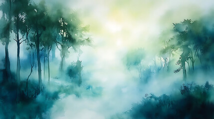 Fototapeta premium A painting of a forest with trees and a river