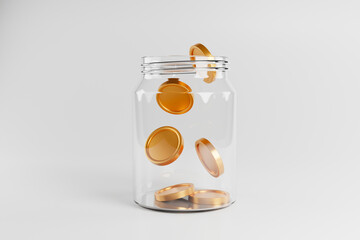 Gold coins are falling into a glass jar. money saving concept. 3D rendering