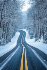 Fototapeta premium Serene winter road scene with snow covered trees and a winding asphalt road with yellow lines creating a picturesque landscape