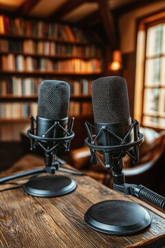 Two Condenser Microphones on Wooden Table in a Room with Bookshelves