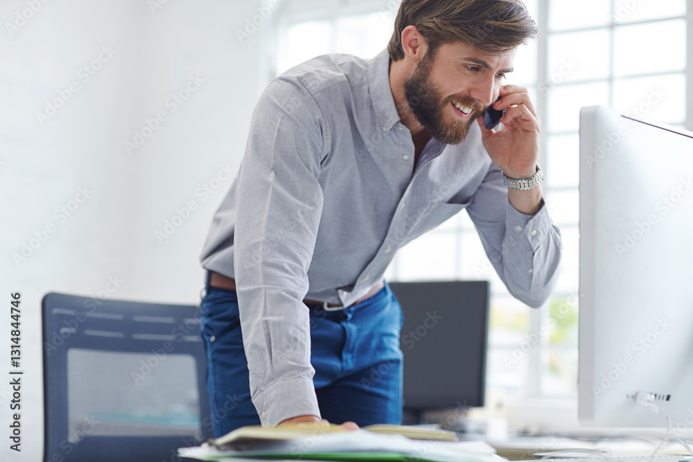 Poster Man, phone call and computer for investment consulting in office, helping client and advisory chat. Business, person and working online for report update, contact discussion and accountant at desk