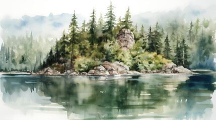 A painting of a forest with a small island in the middle of a lake