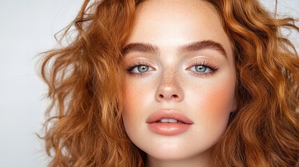 Fototapeta premium Close-up portrait of a young woman with vibrant red, curly hair and light skin. Soft, natural makeup enhances her features.