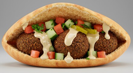 Delicious falafel pita pocket sandwich with tahini sauce and fresh vegetables eat food meal grey
