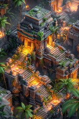 Fototapeta premium Ancient ruins illuminated by soft light, surrounded by lush greenery and vibrant plants, creating a mystical atmosphere.