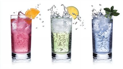 Three Colorful Refreshing Drinks with Ice and Fruit Garnishes