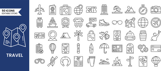 Travel icons set in line style. Airport, tickets, tour, summer, vacation, transport and more. Vector illustration