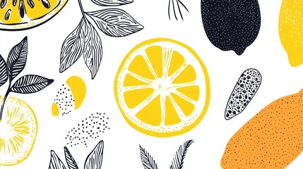Naklejka premium Citrus slices, line art, abstract design, background, graphic
