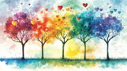 Colorful trees with hearts, serene landscape