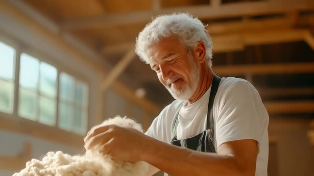 Senior Caucasian man inspecting raw wool Sustainable agriculture and eco-friendly farming practices