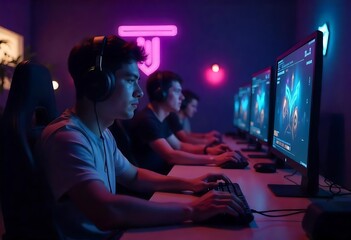 Team professional gamer playing winning tournaments online games computer.