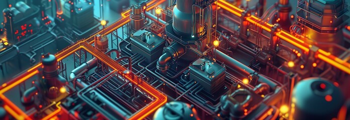 Fototapeta premium Close-up view of intricate industrial machinery with glowing circuitry and tubes, showcasing advanced technology.