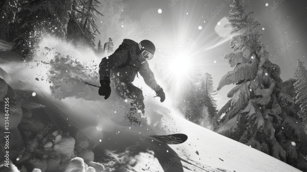 Poster a skier is skillfully navigating down a snow covered slope, surrounded by pine trees, as sunlight gl
