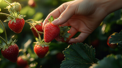 A hand tenderly plucks a ripe strawberry from sunlit foliage, highlighting its juicy, red perfection.