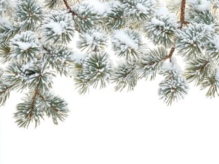 Snowy Pine Branches Against a White Backdrop Capturing Winter's Beauty in a Delicate and Serene Composition with Natural Light