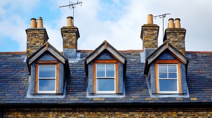 Obraz premium Detailed slate roof with windows and chimneys