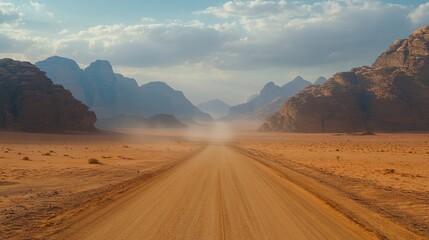 Fototapeta premium Wadi Rum Desert Road: Journey Through Jordanian Landscape