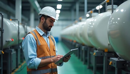 Concept food industry banner. Factory worker inspecting production line tanker in of dairy factory with computer tablet.