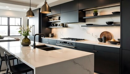 A modern kitchen with black cabinets, marble countertops, black fixtures, open shelving , and a mirror backsplash, creating a luxurious and modern design