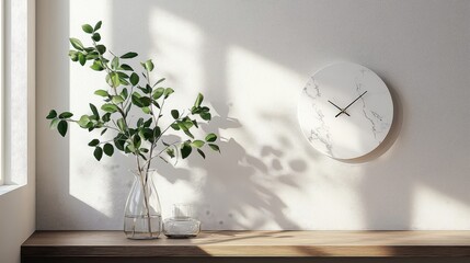 Minimalist Home Decor with Greenery and Marble Clock