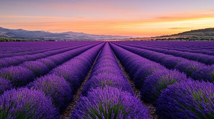 Fototapeta premium Aerial View of Enchanting Lavender Field at Sunset with Vibrant Shades and Serene Atmosphere