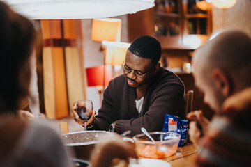 A group of friends enjoying a casual gathering in a warm indoor setting, sharing food and drinks with thoughtful conversation.