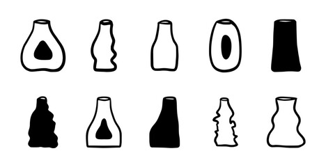 Doodle decorative vases and pots. Hand drawn vector illustration. Minimalist shapes in black colors. Contemporary art for home decor. Design element for poster, cover, brochure