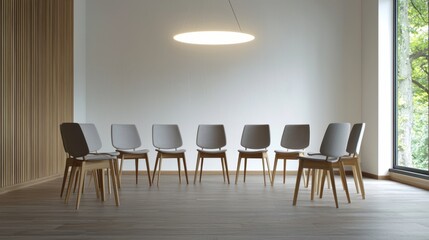 Minimalist Interior Space Depicting Teamwork in Arrangement of Contemporary Chairs