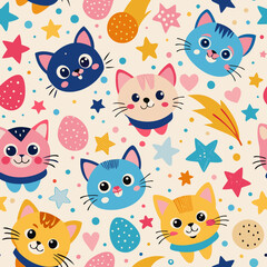 Whimsical Cats and Celestial Wonders: A vibrant and playful seamless pattern filled with adorable cartoon cats amidst stars, hearts, and cosmic elements, creating a cheerful and imaginative design.