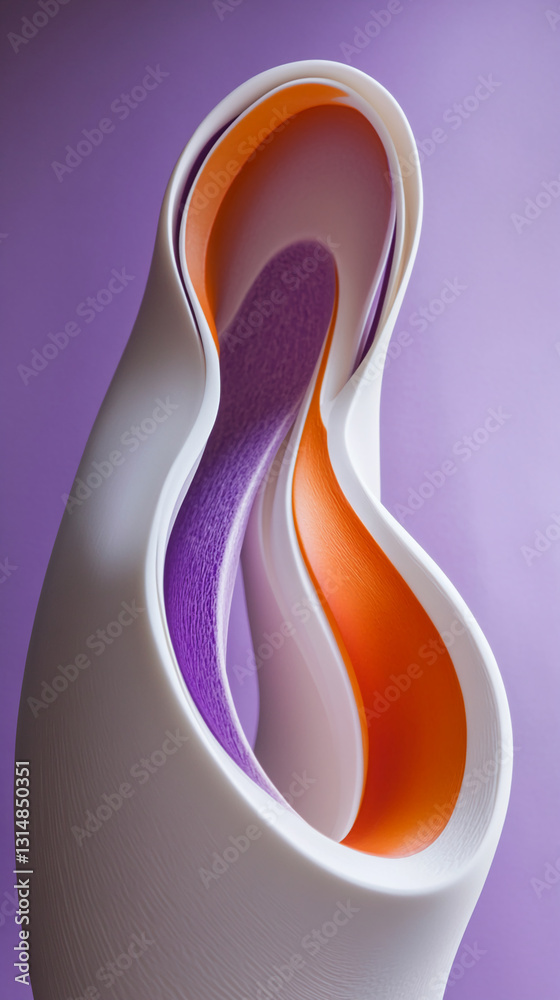 Poster abstract sculpture with white, orange, and purple layers creating a flowing, dynamic form against a 