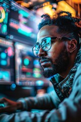 Fototapeta premium Focused individual working on a modern computer setup with vibrant displays, showcasing a blend of creativity and innovation.