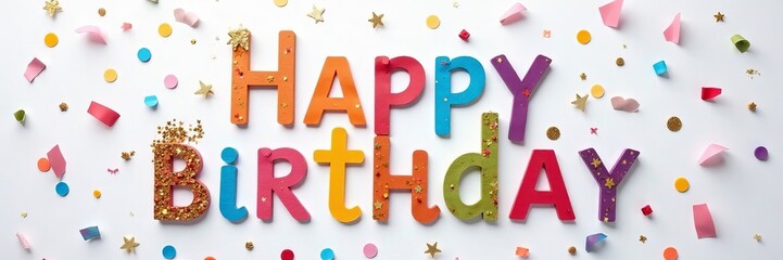 Fototapeta premium Colorful happy birthday paper confetti sign on white background with gold glitter accents, colorful, celebration, confetti