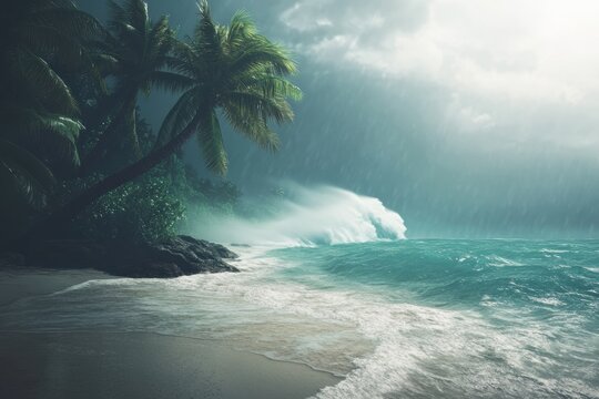 Violent hurricane strikes tropical island with bending palm trees, flooding beaches, and fierce water spouts creating an intense atmosphere