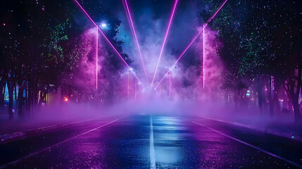 Vibrant Neon Lit Empty City Street at Night with Fog and Reflections in Purple Pink and Blue