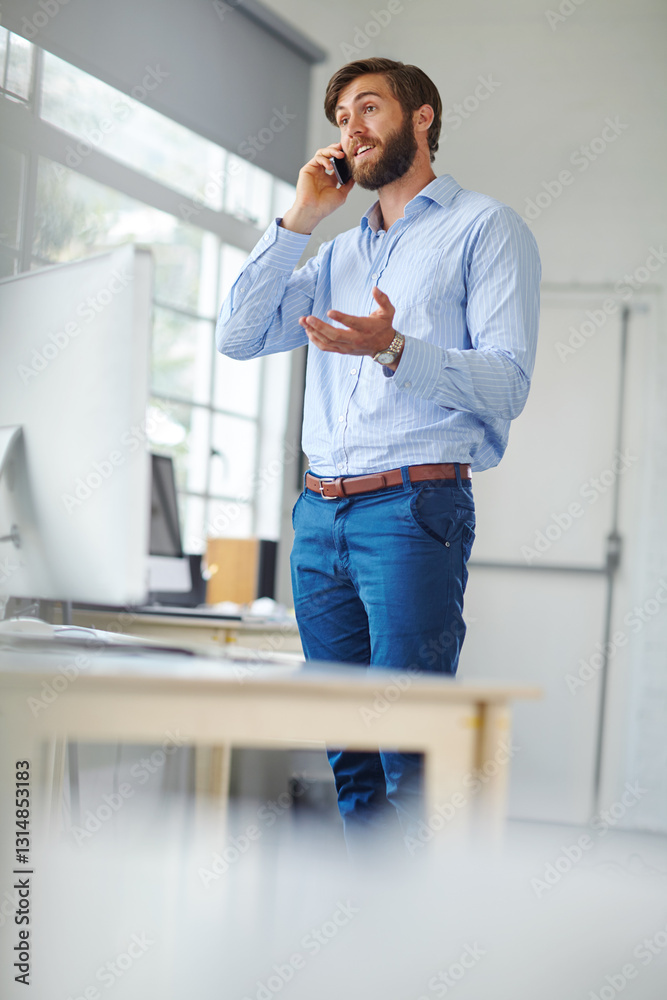 Aufkleber man, architect and phone call in office, communication and online for consultation on floor plan. pr
