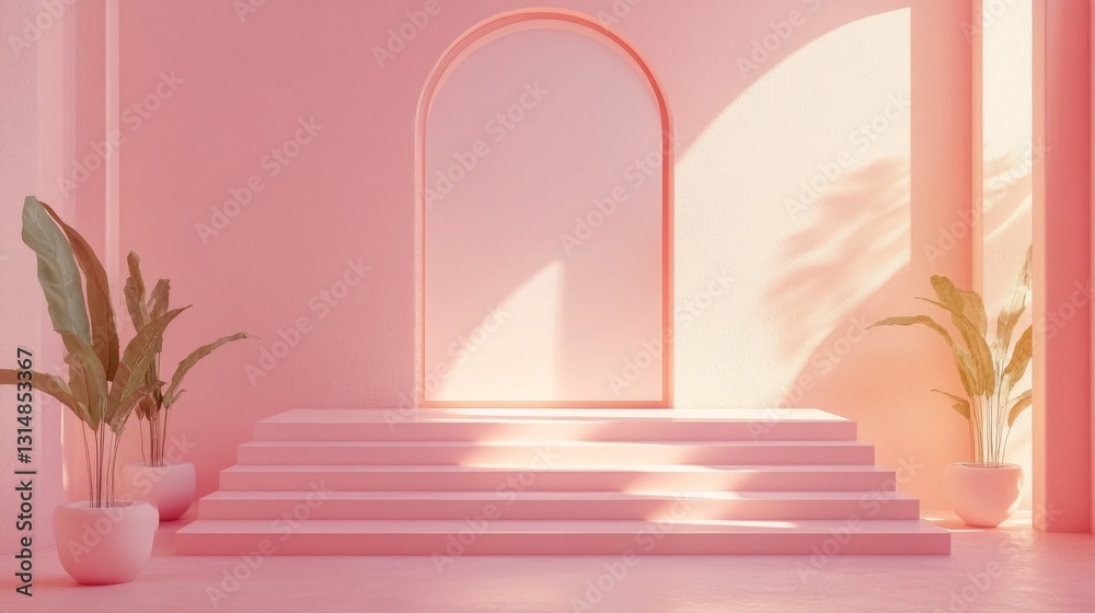 Poster soft pink hues fill a minimalist space as warm sunlight streams through an arch, highlighting steps 
