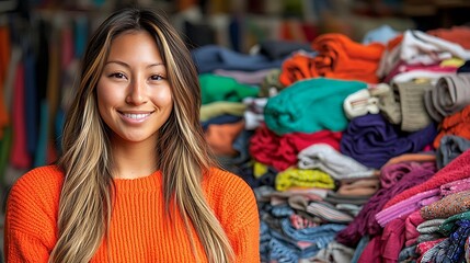 Fototapeta premium Woman smiles at colorful fabric stacks. Possible stock photo use Charity, recycling, reuse