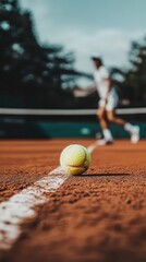 Tennis Ball on Clay Court with Blurred Player