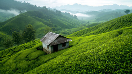 Obraz premium Tea plantations and rolling hills a wide angle of nature's beauty