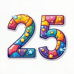 Greeting card for 25 years. A vibrant, colorful number 25 adorned with stars and bubbles, perfect for a festive birthday celebration.